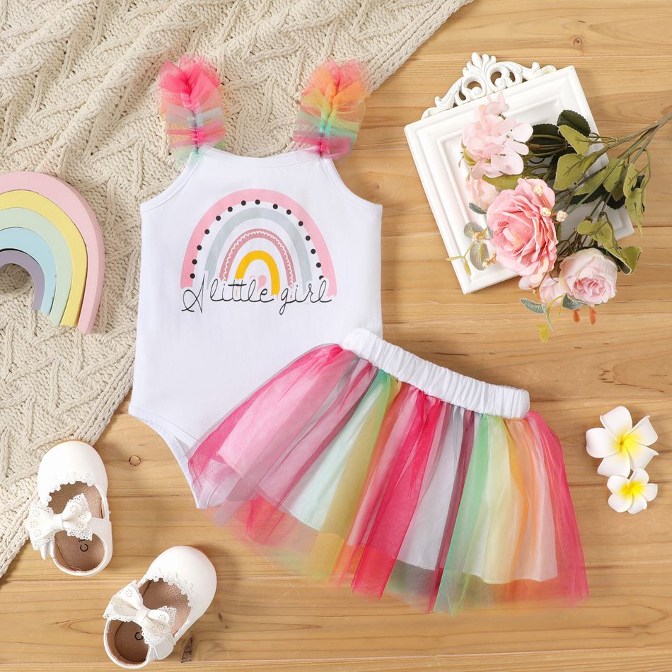 Baby Mädchen 95 % Baumwolle Regenbogen- und Buchstabendruck Cami-Strampler und bunter Mesh-Rock-Set bunt