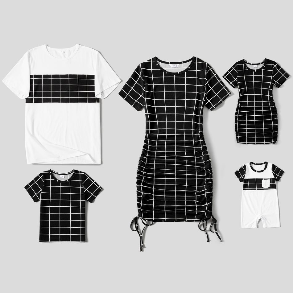 Family Matching Plaid Short-sleeve Drawstring Ruched Bodycon Dresses and T-shirts Sets Black/White big image 1