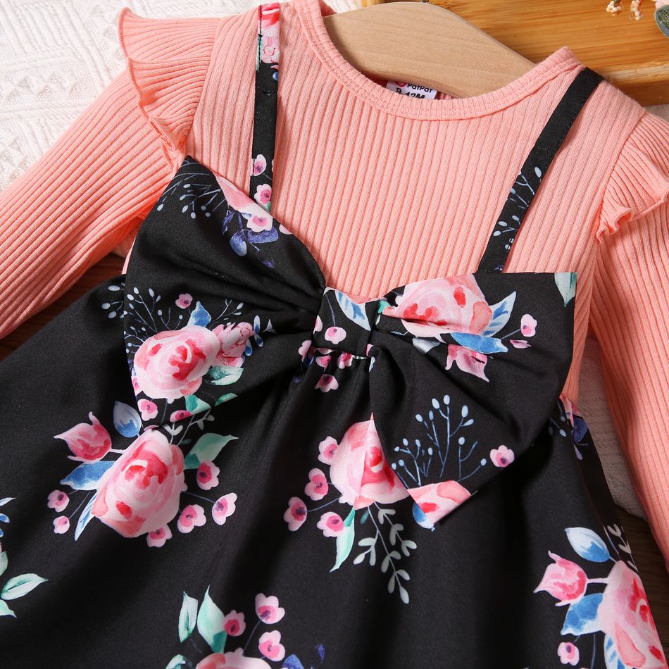 Baby Girl Rib Knit Ruffle Long-sleeve Spliced Floral Print Bow Front Dress Black/Pink big image 4