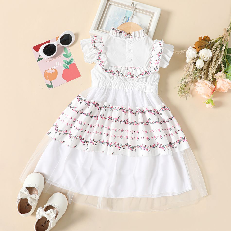 فستان عرقي للفتاة الصغيرة 100٪ قطن مكشكش ديكور شبكي طبقات بيضاء بأكمام رفرفة أبيض big image 2