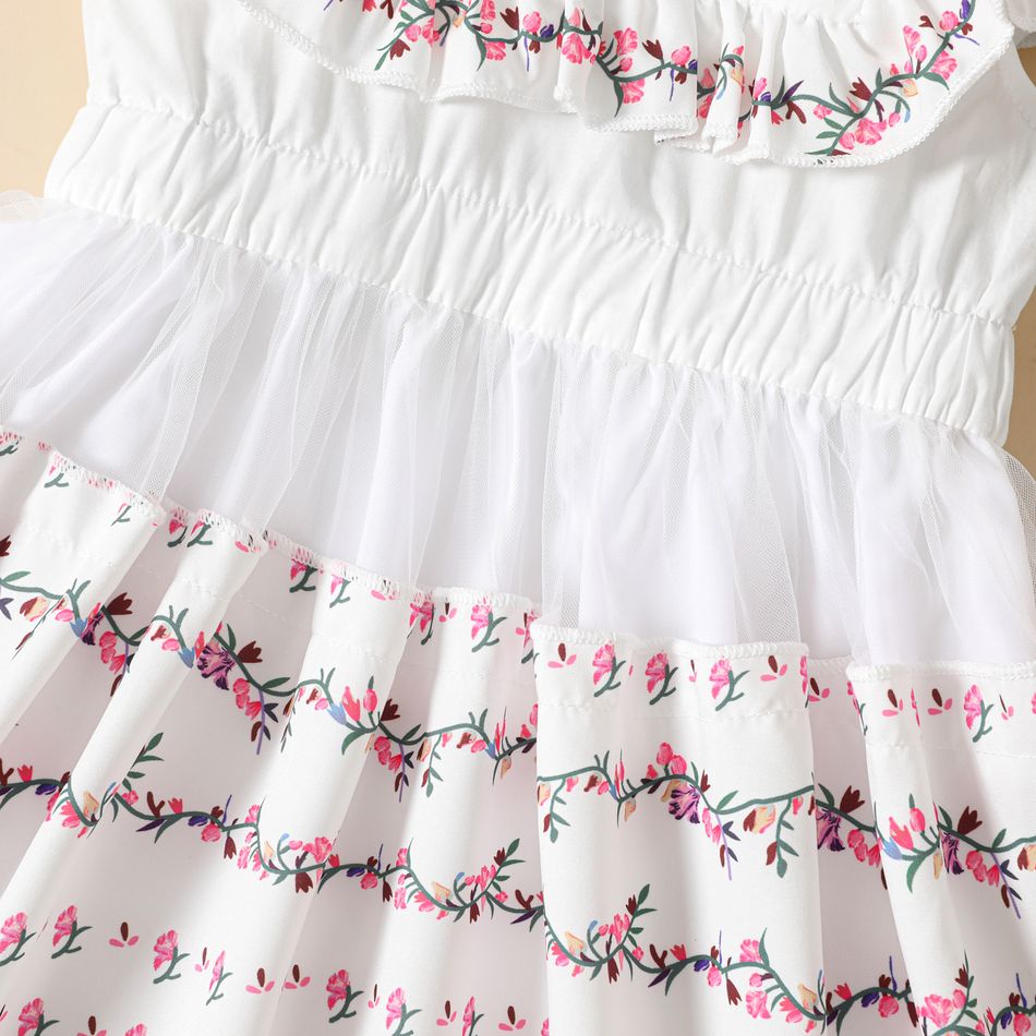 فستان عرقي للفتاة الصغيرة 100٪ قطن مكشكش ديكور شبكي طبقات بيضاء بأكمام رفرفة أبيض big image 4