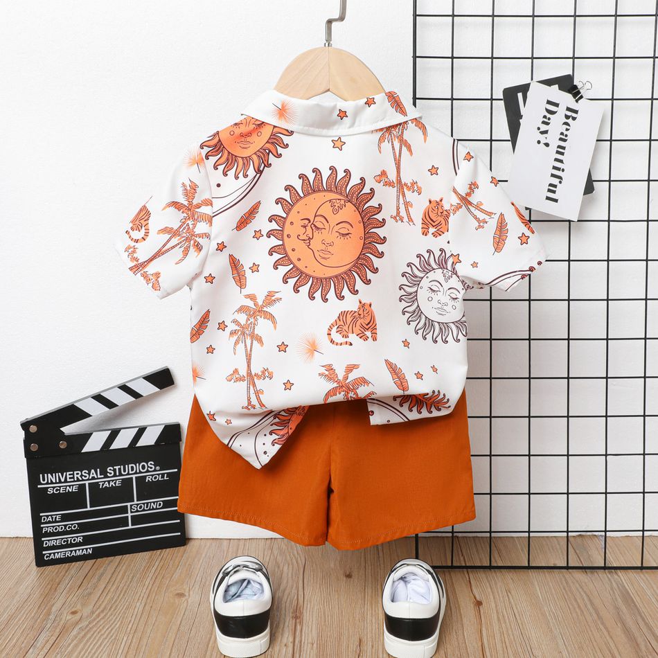 2pcs Toddler Boy Allover Animal Tree Print Lapel Collar Short-sleeve Shirt and Brown Shorts Set Brown big image 2