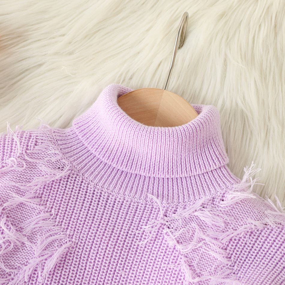 Toddler Girl Sweet Turtleneck Frayed Trim Purple Knit Sweater Light Purple big image 3
