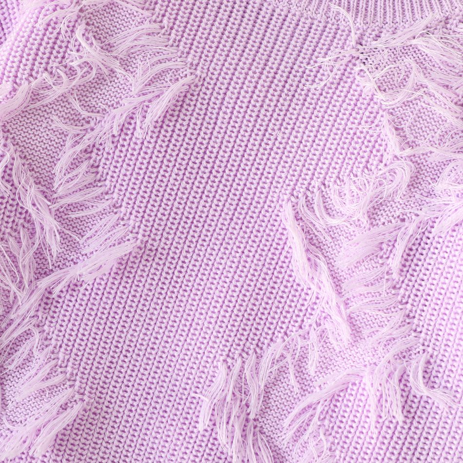 Toddler Girl Sweet Turtleneck Frayed Trim Purple Knit Sweater Light Purple big image 4