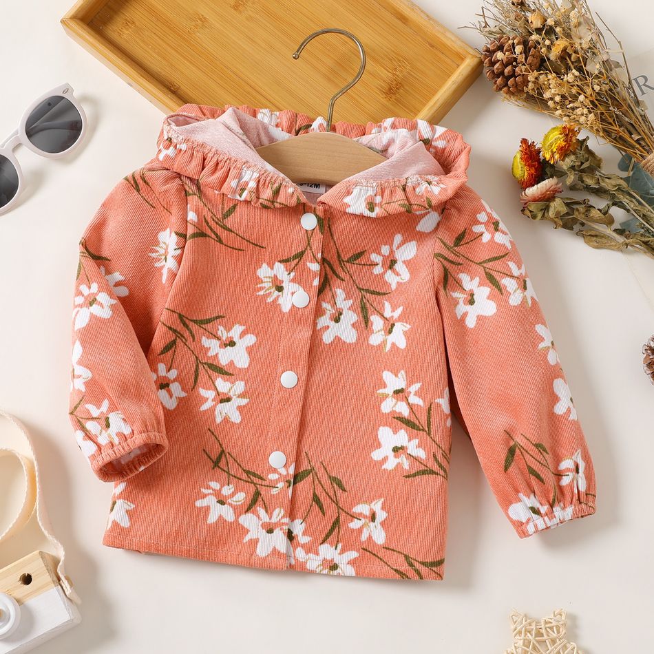 Baby Girl Allover Floral Print Pink Corduroy Ruffle Trim Hooded Long-sleeve Jacket Light Pink