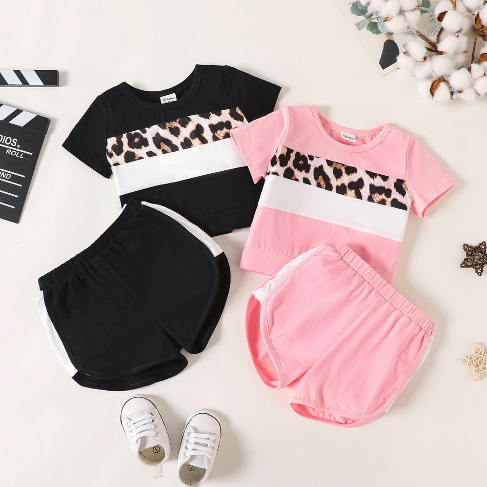 2pcs Baby Girl 95% Cotton Short-sleeve Leopard Colorblock T-shirt and Shorts Set Black big image 2