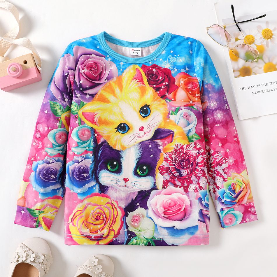 Kid Girl Floral Animal Cat Print Long-sleeve Colorful Tee Multi-color