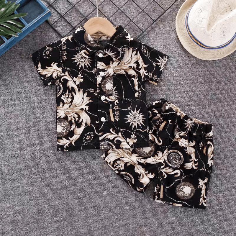2pcs Toddler Boy 100% Cotton Boho Floral Print Lapel Collar Shirt and Shorts Set Black
