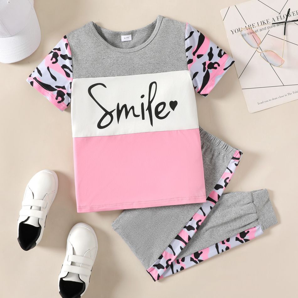 2pcs Kid Girl Letter Leopard Print Colorblock Short-sleeve Tee and Pants Set Grey