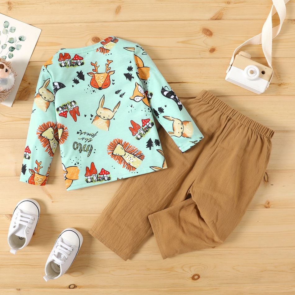 2pcs Baby Boy 100% Cotton Pants and Allover Cartoon Animal Print Long-sleeve T-shirt Set Colorful big image 2