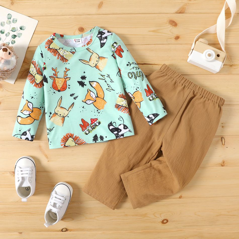 2pcs Baby Boy 100% Cotton Pants and Allover Cartoon Animal Print Long-sleeve T-shirt Set Colorful big image 1