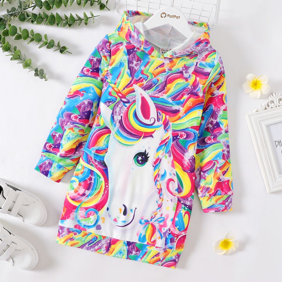 Kid Girl Unicorn Rainbow Print Hooded Sweatshirt Dress/ Elasticized Leggings Multi-color big image 1