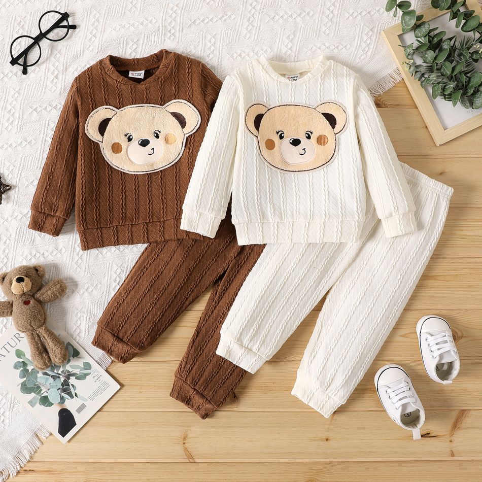 2pcs Baby Boy Bear Embroidered Long-sleeve Textured Pullover and Pants Set White big image 2