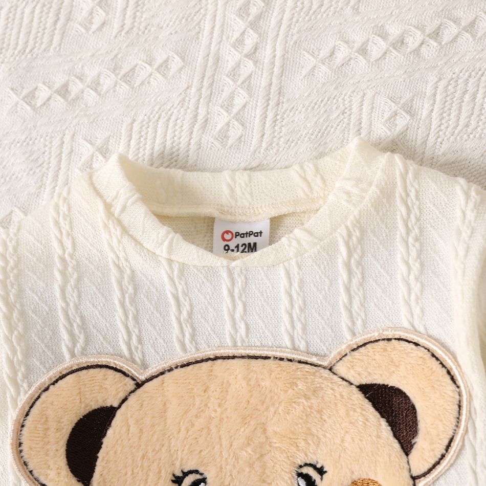 2pcs Baby Boy Bear Embroidered Long-sleeve Textured Pullover and Pants Set White big image 4