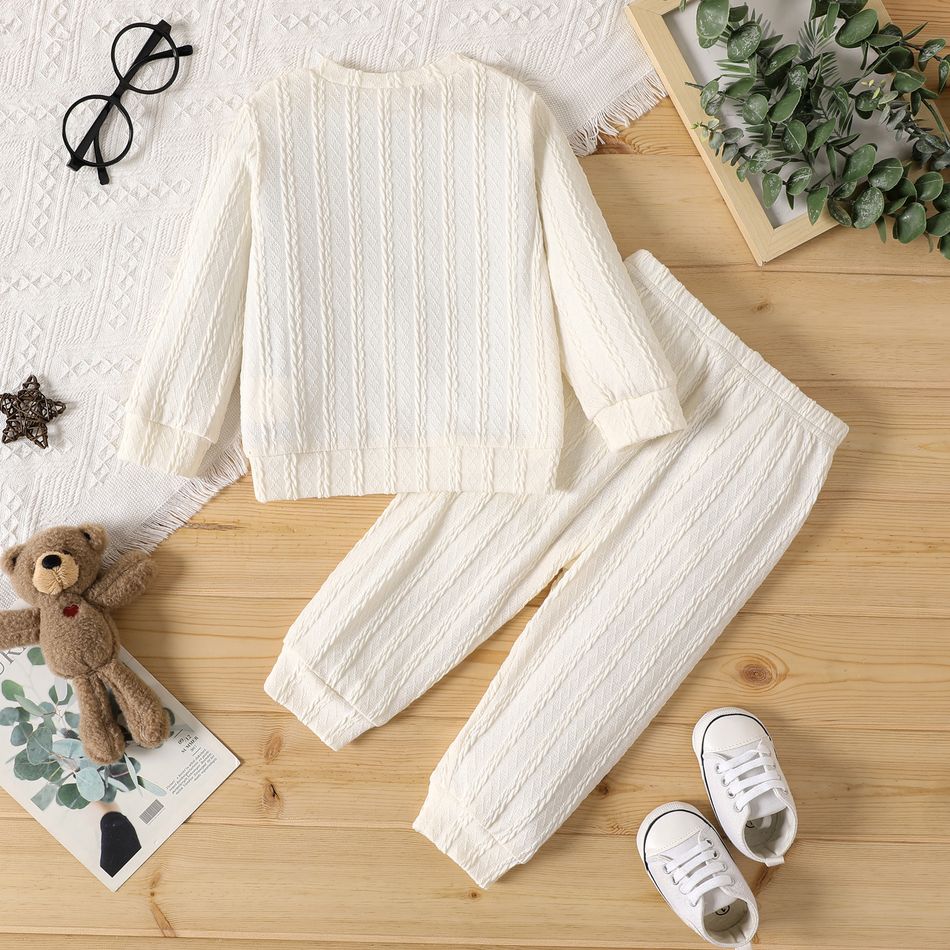 2pcs Baby Boy Bear Embroidered Long-sleeve Textured Pullover and Pants Set White big image 3