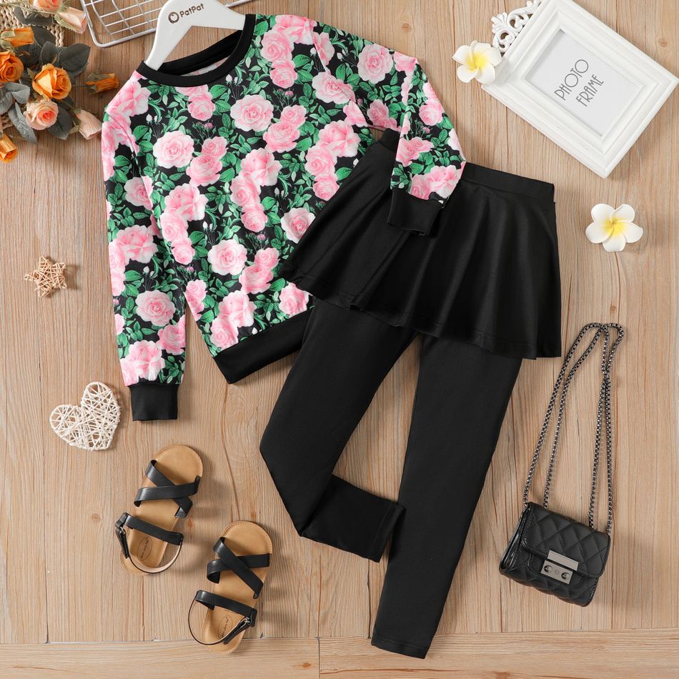 2pcs Kid Floral Print Pullover Sweatshirt and Black Skirt Leggings Set Black