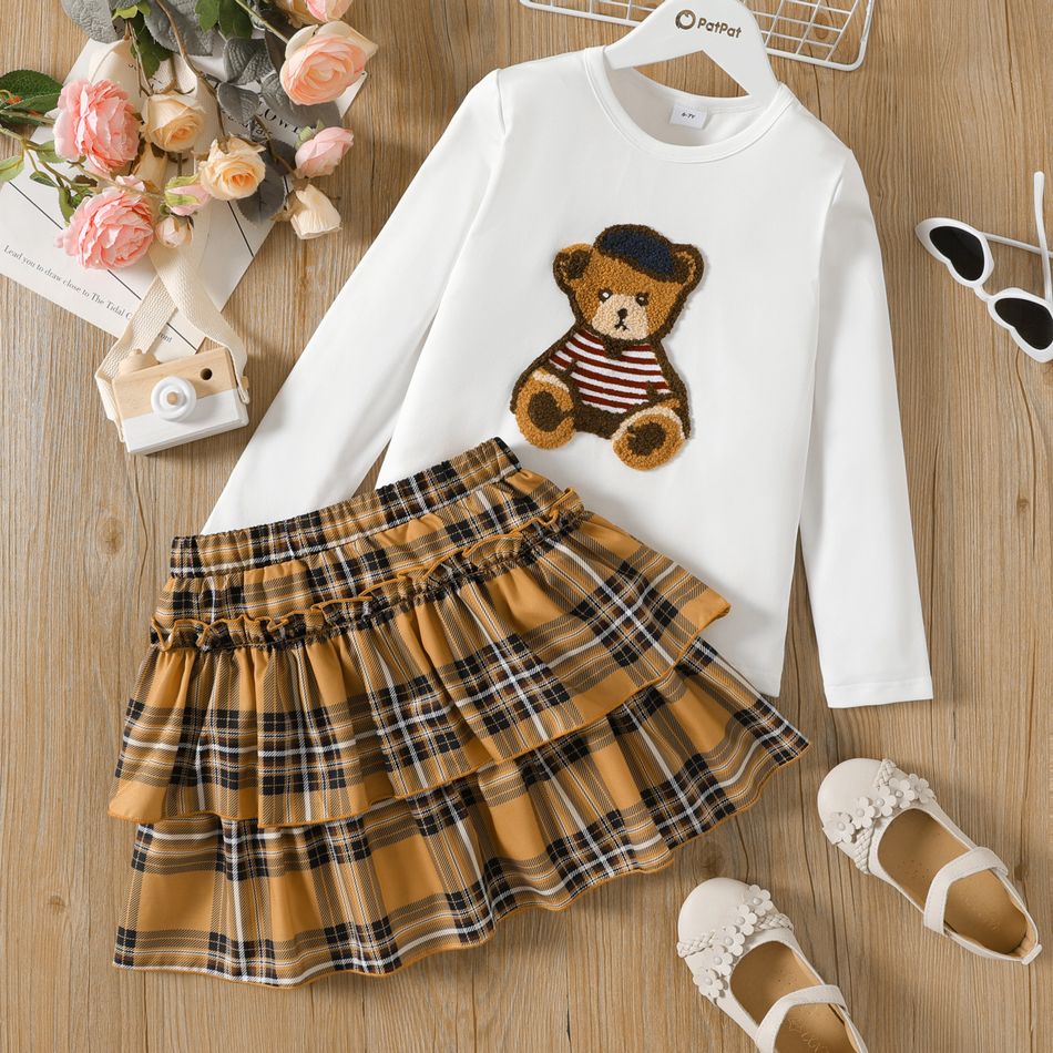 2pcs Kid Girl Bear Embroidered Long-sleeve White Tee and Ruffled Layered Plaid Skirt Set Khaki big image 1