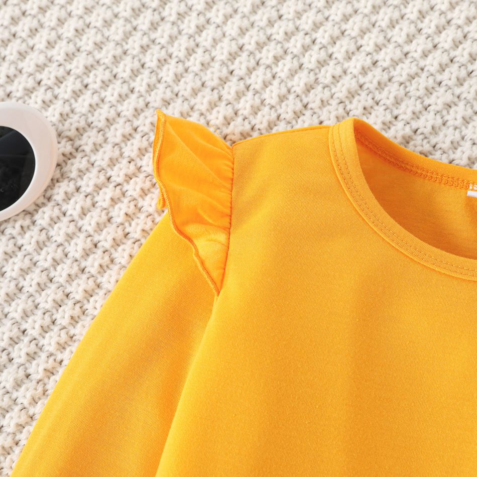 2pcs Toddler Girl Ruffled Long-sleeve Yellow Tee and Boho Exotic Bowknot Design Flared Pants Set DarkOrange big image 3