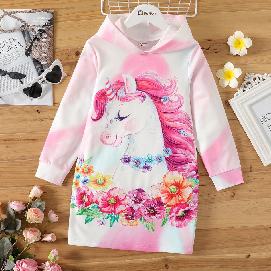 Kid Girl Unicorn Floral Print Hooded Long-sleeve Sweatshirt Dress Pink big image 1