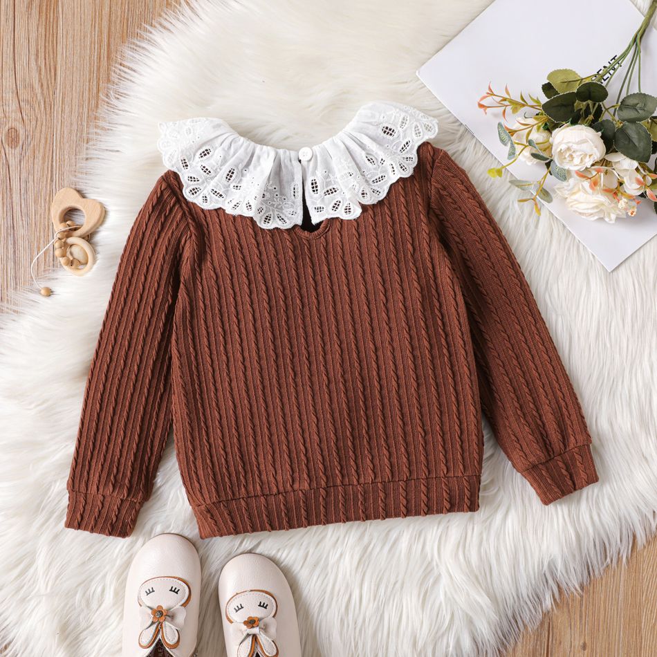 Toddler Girl Solid Lace Splice Jacquard Long-sleeve Pullover Top Brown big image 3