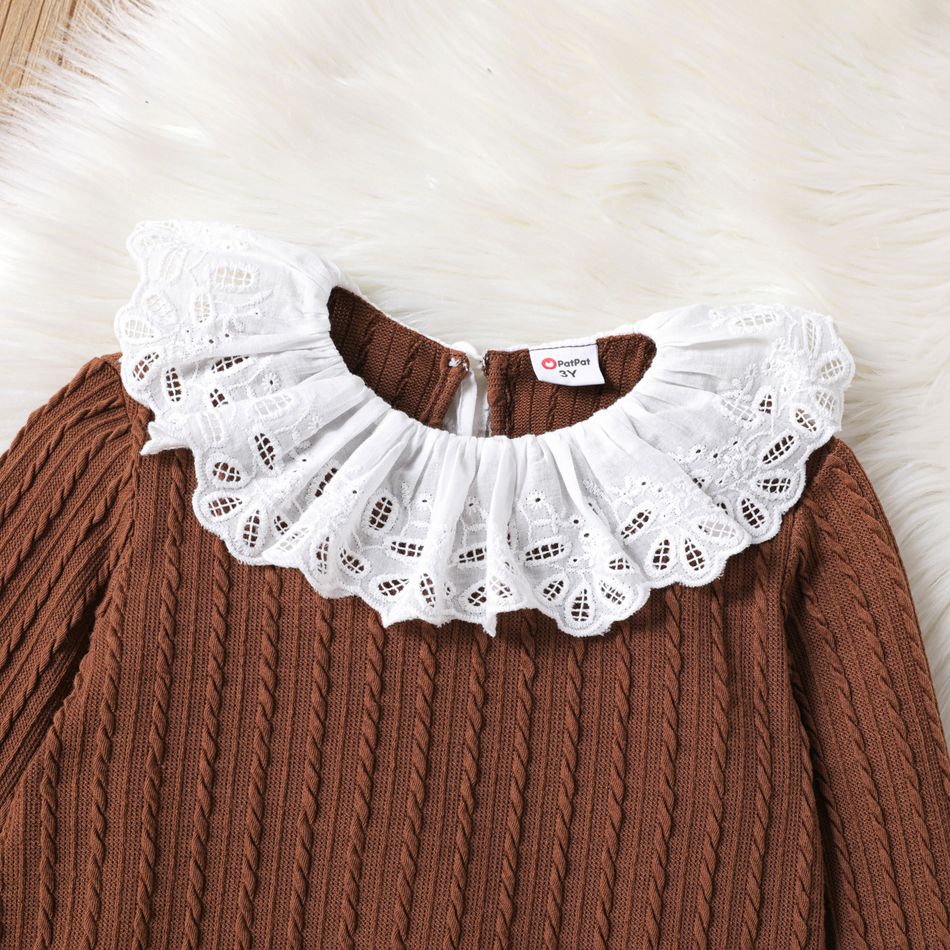 Toddler Girl Solid Lace Splice Jacquard Long-sleeve Pullover Top Brown big image 4