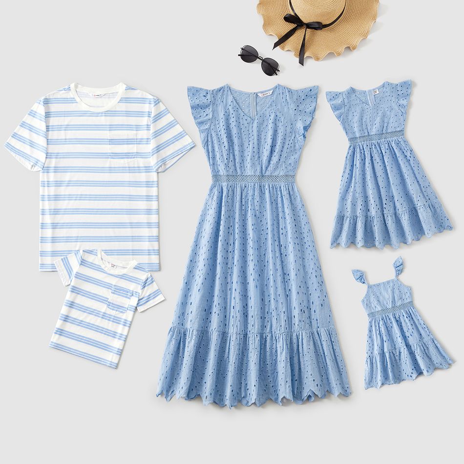 Family Matching 100% Cotton Blue Eyelet Embroidered V Neck Flutter-sleeve Dresses and Striped Short-sleeve T-shirts Sets Blue