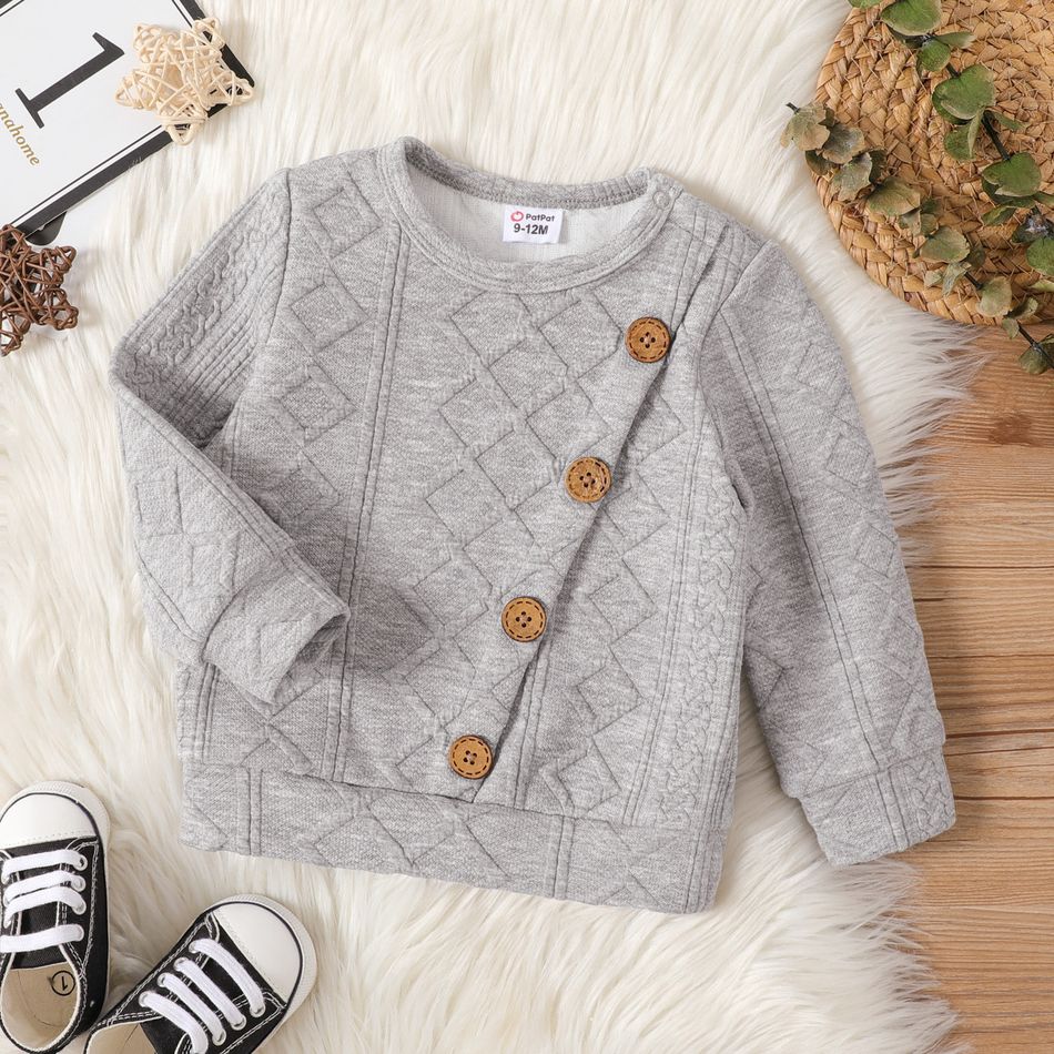 Baby Boy Button Front Solid Imitation Knitting Long-sleeve Pullover Sweatshirt flowergrey big image 1