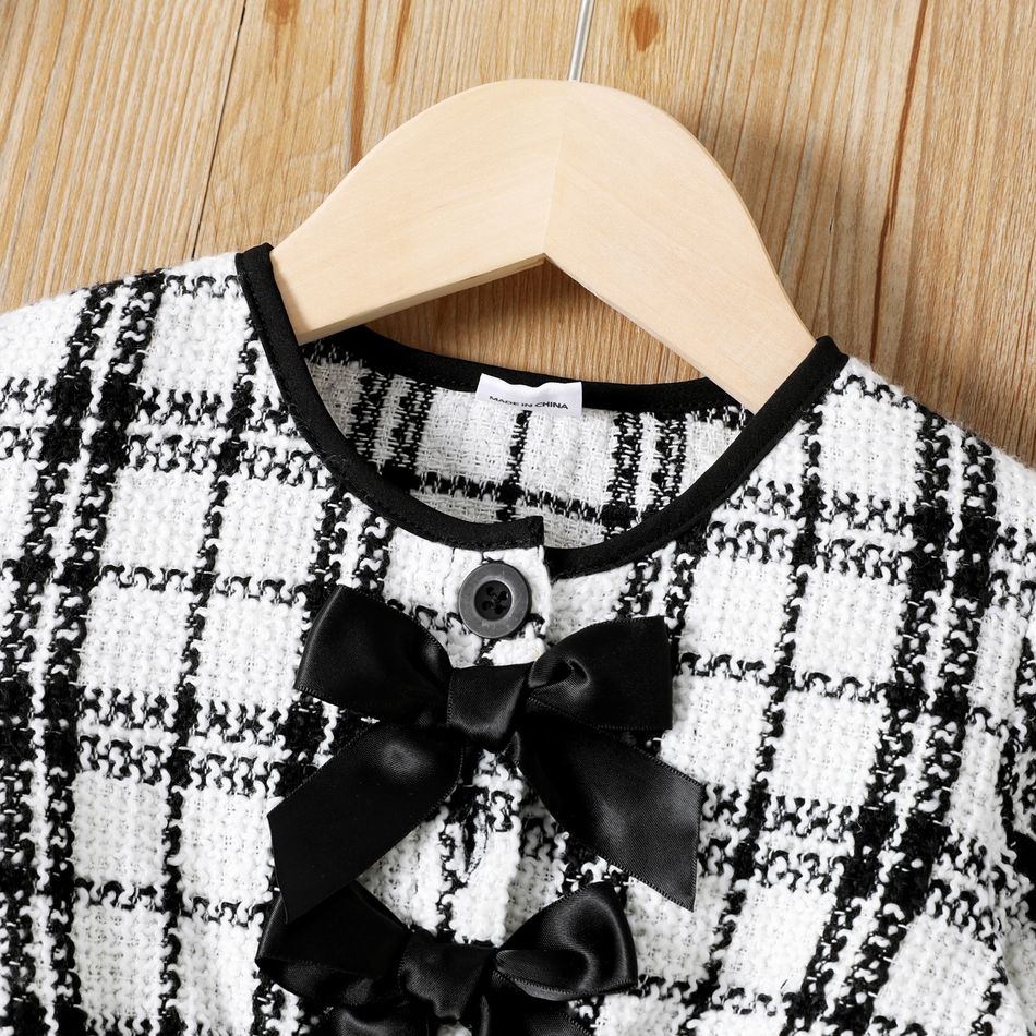 Toddler Girl Tweed Plaid Bowknot Design Long-sleeve Dress BlackandWhite big image 3