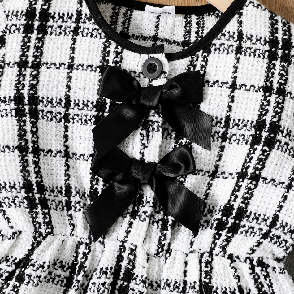 Toddler Girl Tweed Plaid Bowknot Design Long-sleeve Dress BlackandWhite big image 4