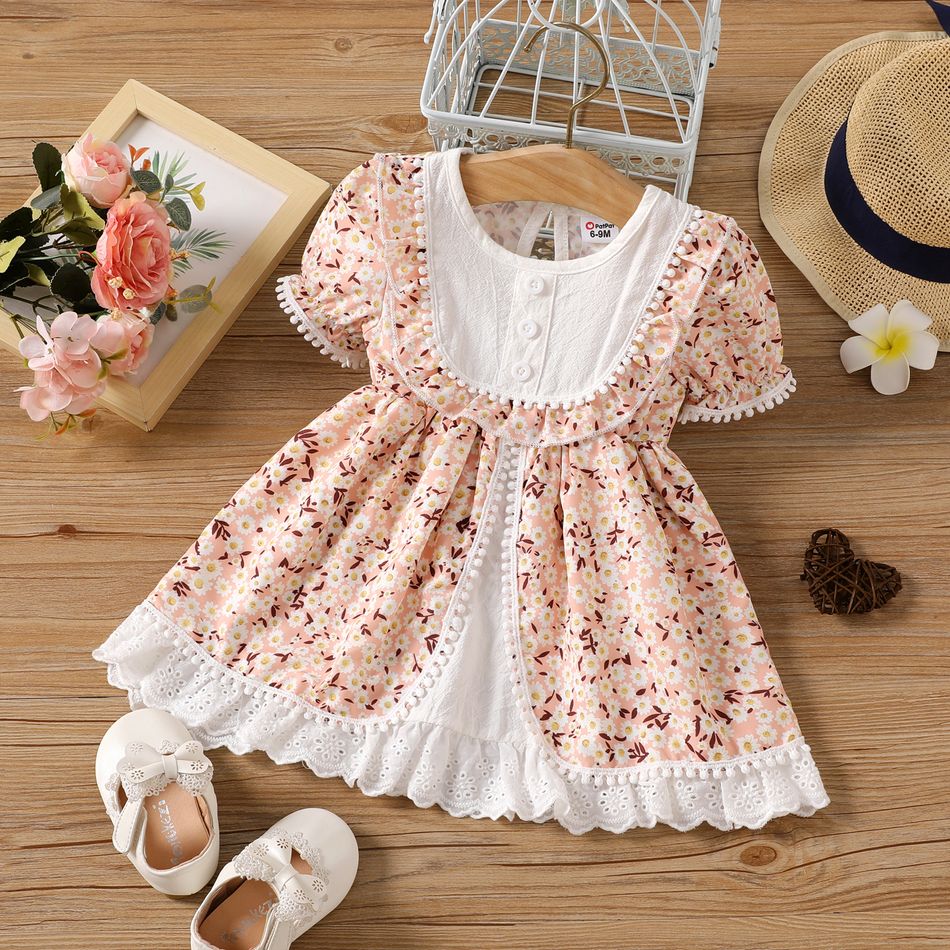 Baby Mädchen Pom Pom Dekor Blumendruck Rüschenbesatz Puffärmel Retro Prinzessin Partykleid Mehrfarbig