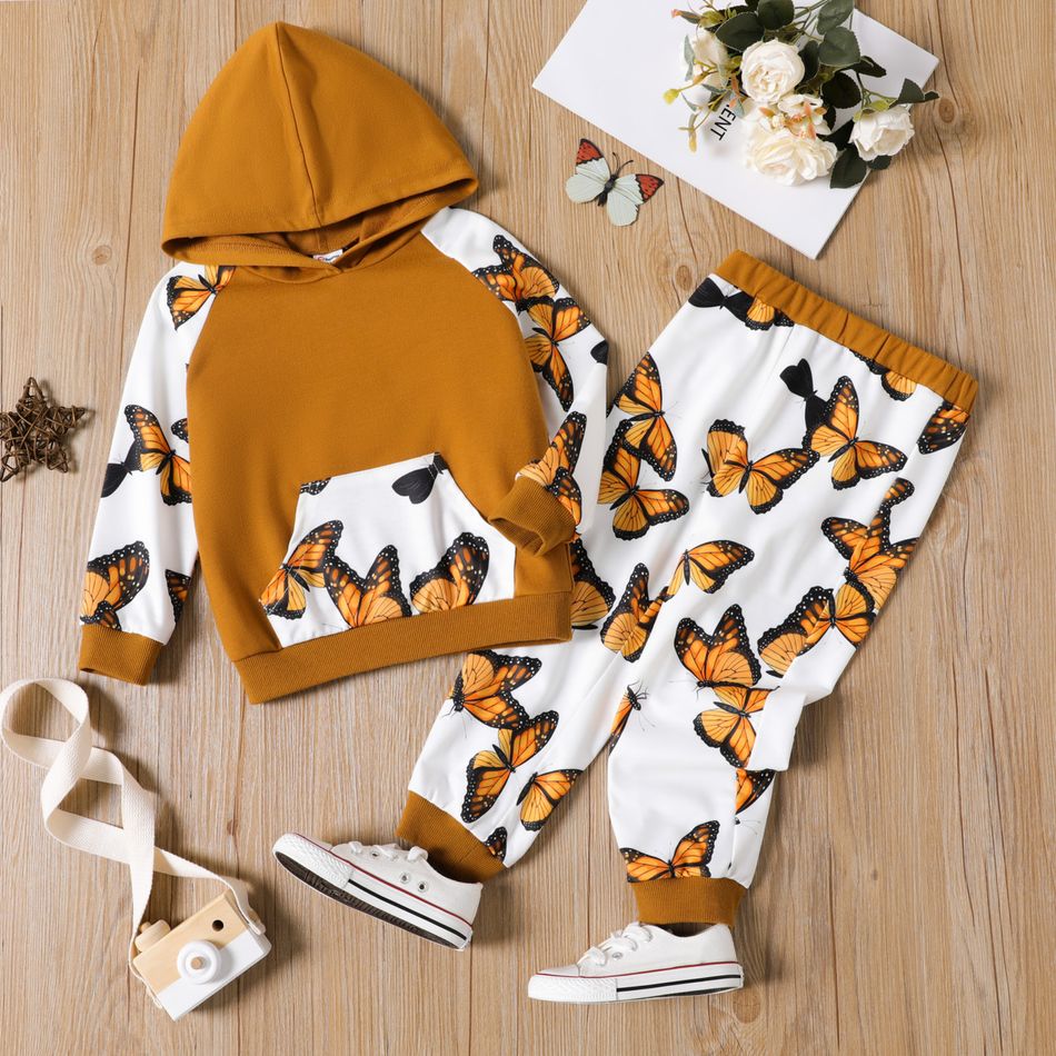 2pcs Toddler Girl Butterfly Print Colorblock Hoodie Sweatshirt and Pants Set Brown