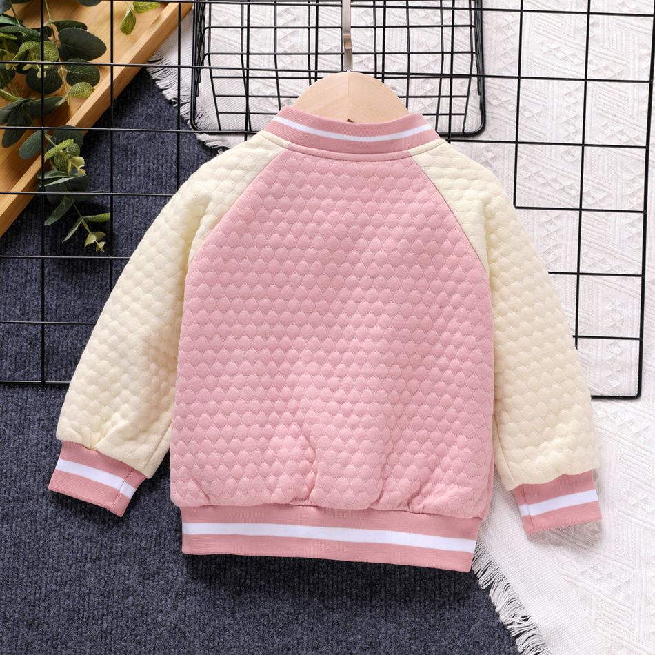 Toddler Girl 100% Cotton Letter Embroidered Textured Striped Button Design Bomber Jacket Pink big image 2