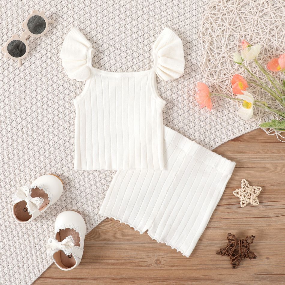 2pcs Baby Girl Solid Rib Knit Flutter-sleeve Top and Shorts Set OffWhite