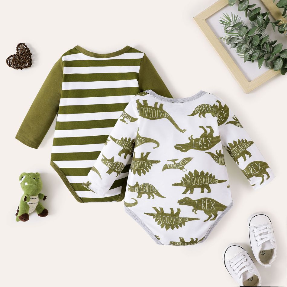 2-Pack Baby Boy 95% Cotton Long-sleeve Striped and Allover Dinosaur Print Rompers Set BLUEWHITE big image 2