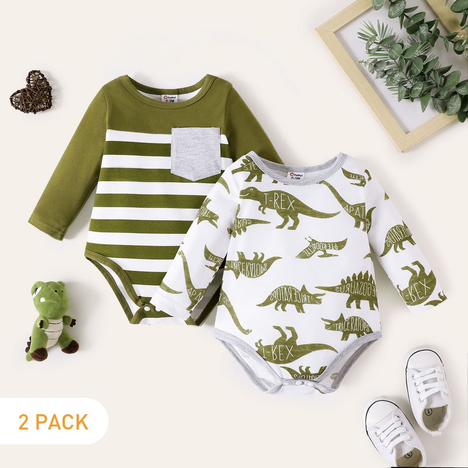 2-Pack Baby Boy 95% Cotton Long-sleeve Striped and Allover Dinosaur Print Rompers Set BLUEWHITE