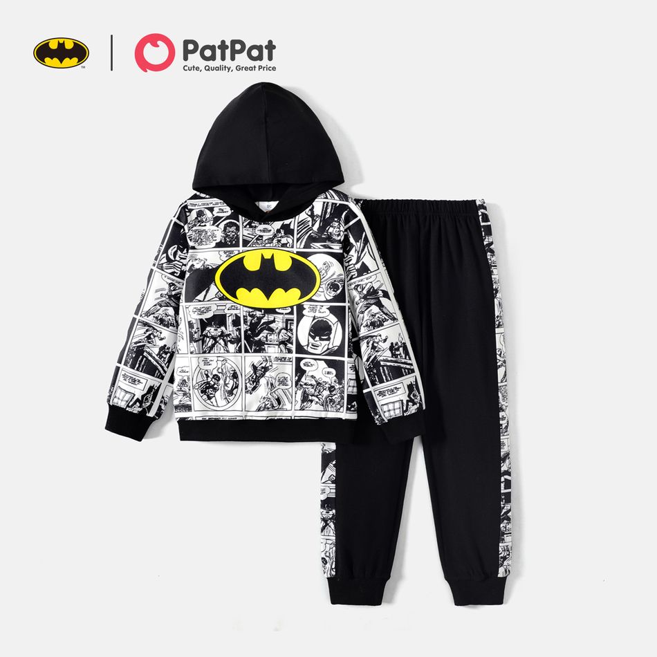 Batma 2pcs Kid Boy Allover Print Hooded Sweatshirt and Elasticized Pants Set Black