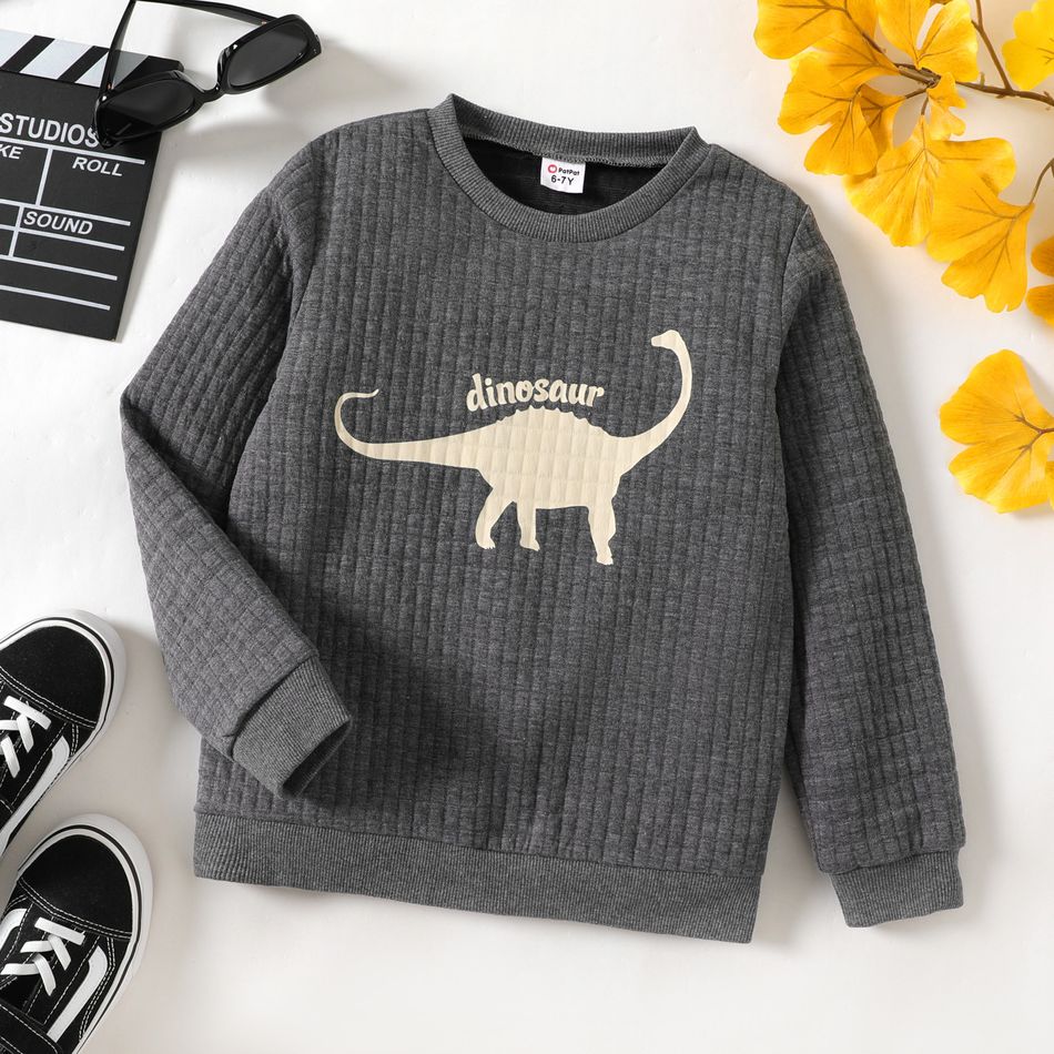 Kid Boy Animal Dinosaur Print Textured Pullover Sweatshirt Dark Grey