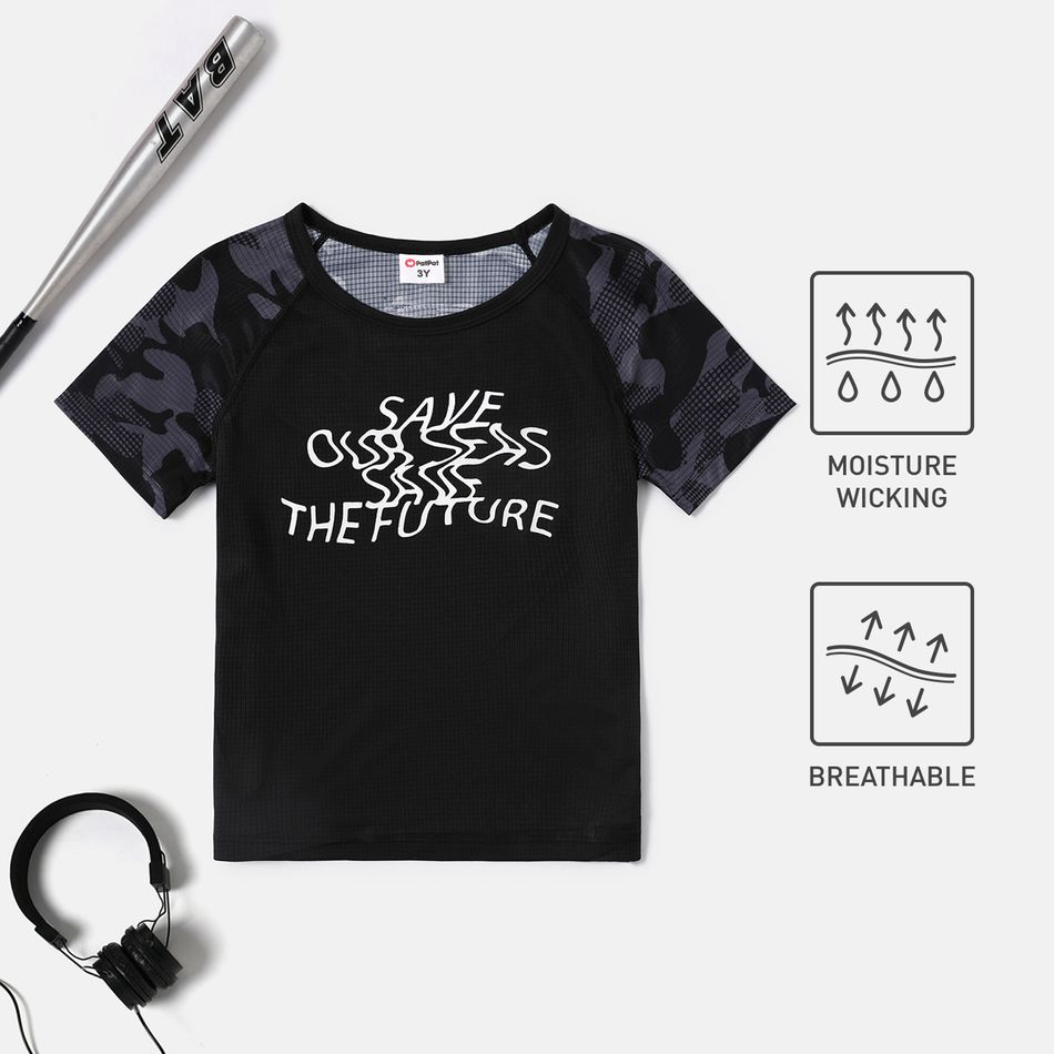 Activewear Moisture Wicking Toddler Boy Letter Camouflage Print Short Raglan Sleeve Tee Black