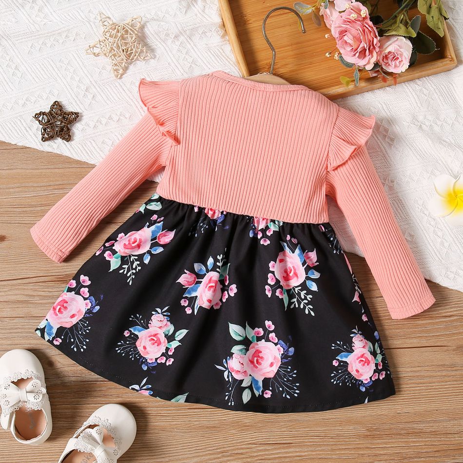 Baby Girl Rib Knit Ruffle Long-sleeve Spliced Floral Print Bow Front Dress Black/Pink big image 2