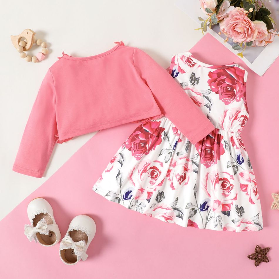 2pcs Baby Girl Solid Frill Trim Long-sleeve Cardigan and Allover Floral Print Tank Dress Set Pink big image 2