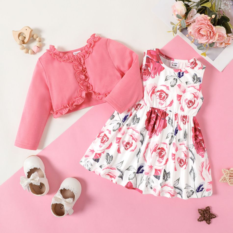 2pcs Baby Girl Solid Frill Trim Long-sleeve Cardigan and Allover Floral Print Tank Dress Set Pink