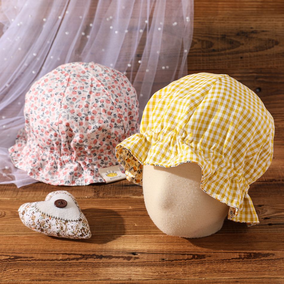 Chapéu de viseira de babados de dupla face com padrão de frutas e xadrez para bebê/criança Rosa big image 7