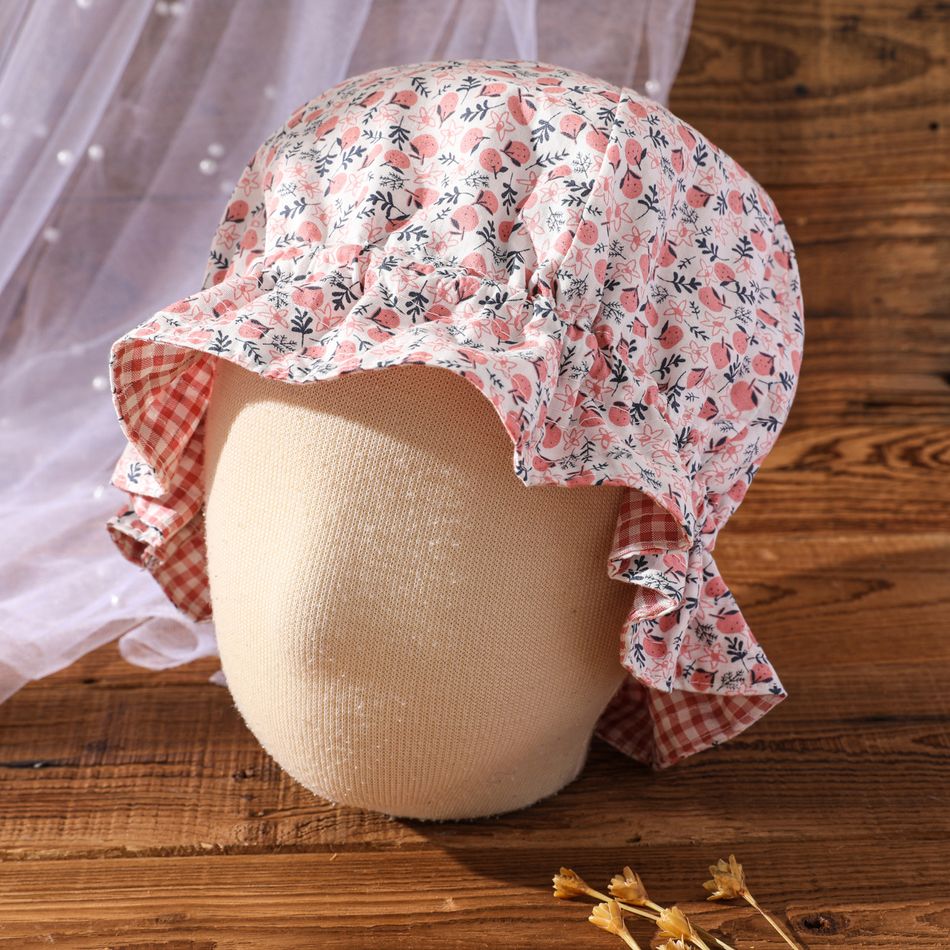 Chapéu de viseira de babados de dupla face com padrão de frutas e xadrez para bebê/criança Rosa