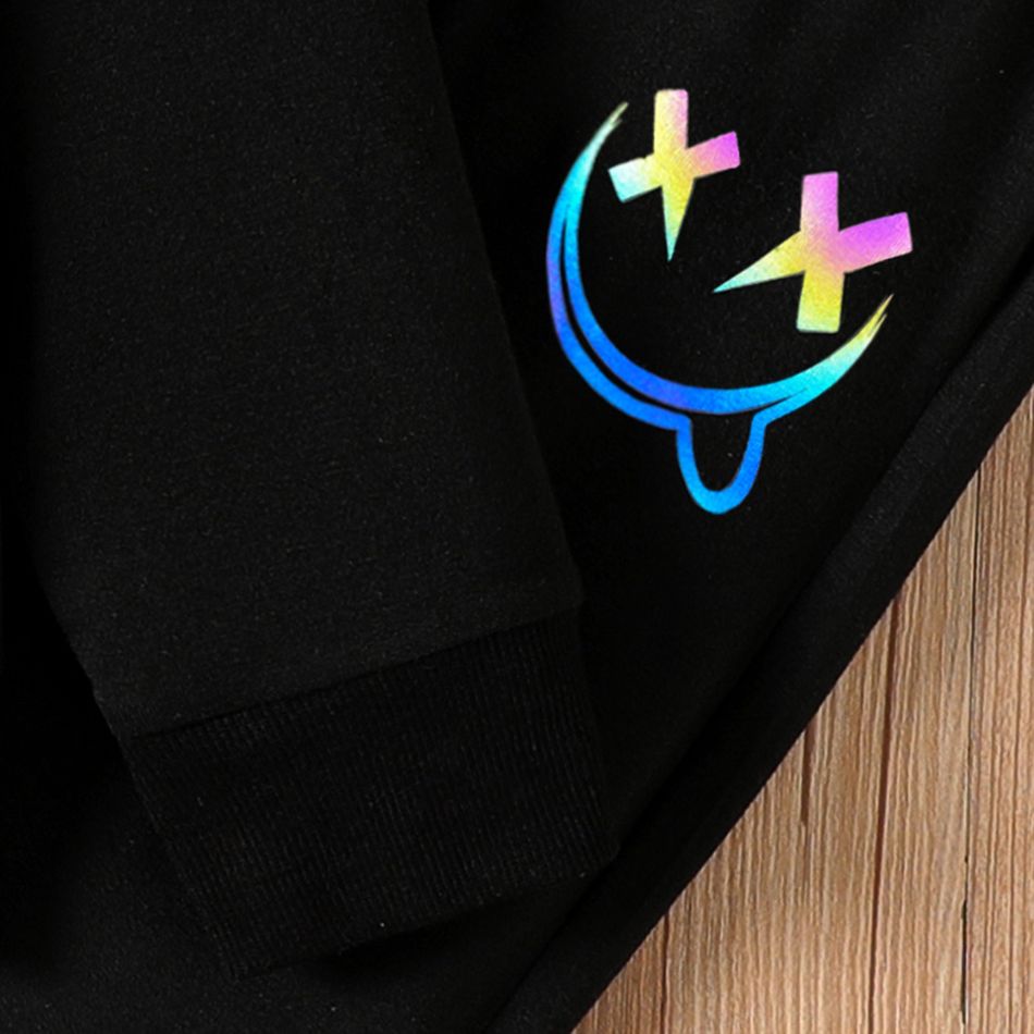 2pcs Kid Boy Reflective Face Graphic Print Black Hoodie Sweatshirt and Pants Set Black big image 5