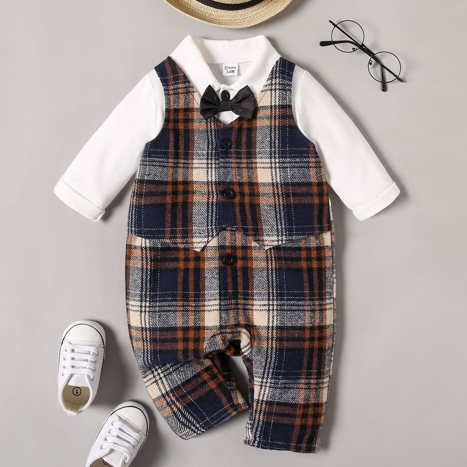 Baby Boy 95% Cotton Long-sleeve Plaid Faux-two Gentleman Waistcoat Jumpsuit Color block