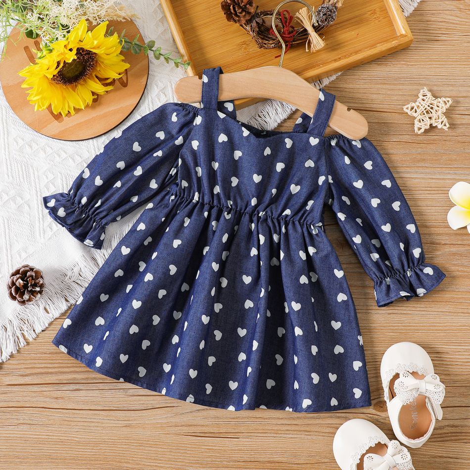 Baby Girl Allover Love Heart Print Imitation Cold Shoulder Long-sleeve Dress DENIMBLUE