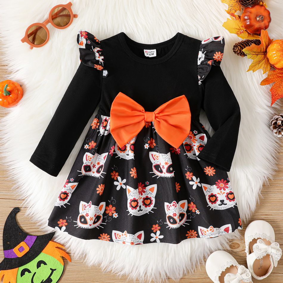 Halloween Baby Girl 95% Cotton Long-sleeve Bow Front Spliced Allover Print Dress Color block