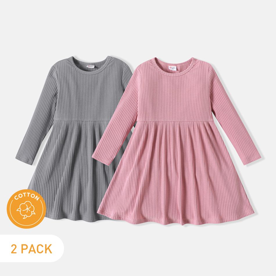 2-Pack Toddler Girl Basic Solid Color Ribbed Long-sleeve Dress MultiColour