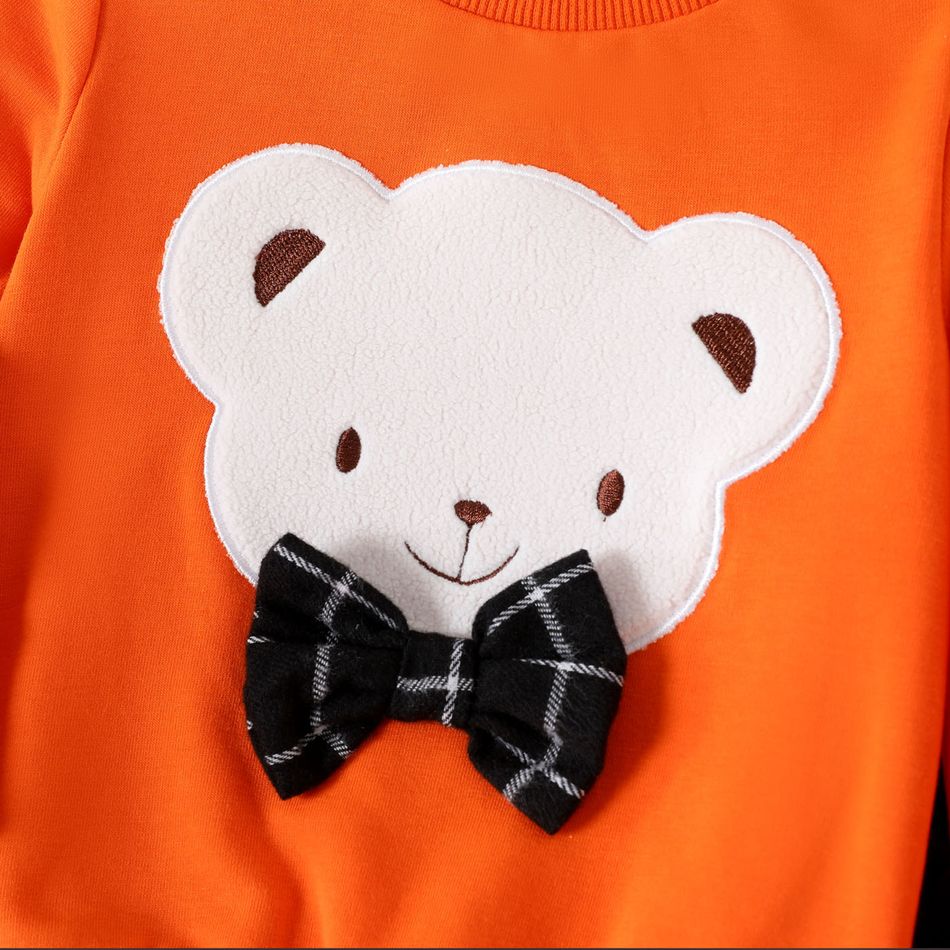 2pcs Baby Boy Cotton Grid Pants and Bow Front Bear Print Long-sleeve Sweatshirt Set Orange big image 4