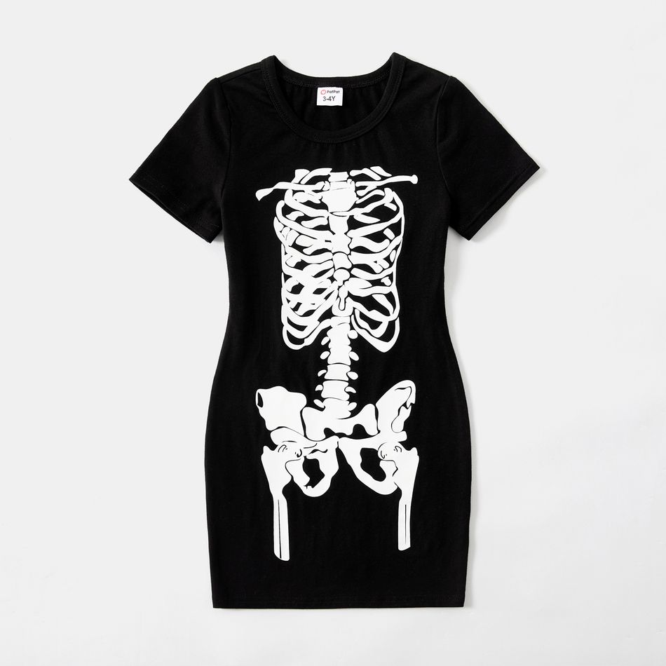 Halloween Glow In The Dark Skeleton Print 95% Cotton Short-sleeve Black Bodycon T-shirt Dress for Mom and Me Black big image 10